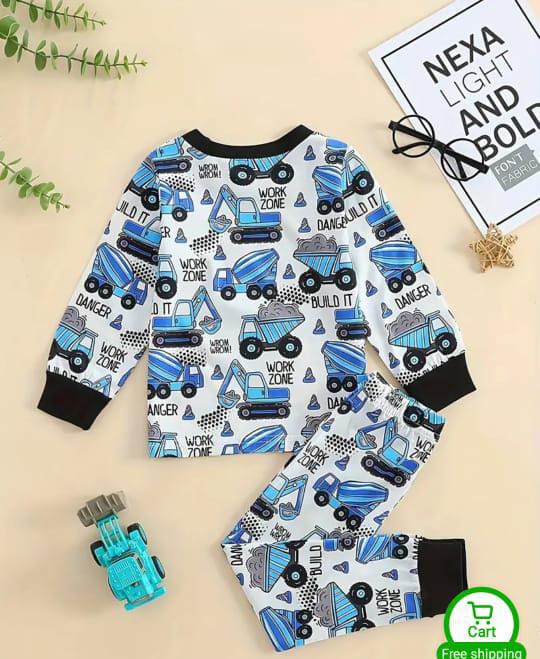 White and Blue Big Truck Printed Kids Night Suit (ZA-251)
