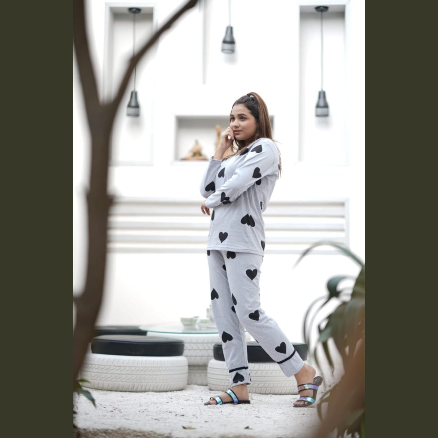 Grey with Black Big hearts print Full Sleeves Night Suit for her (ZX-28)