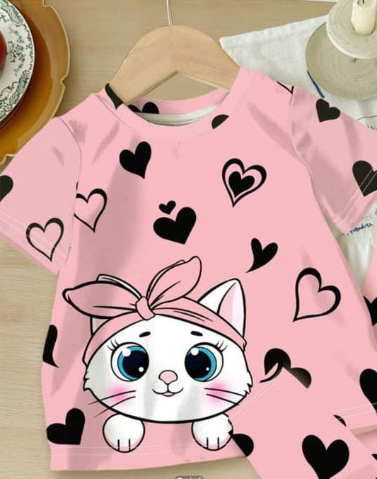 Pink Kitty with black hearts Printed Kids Suit (ZA-256)
