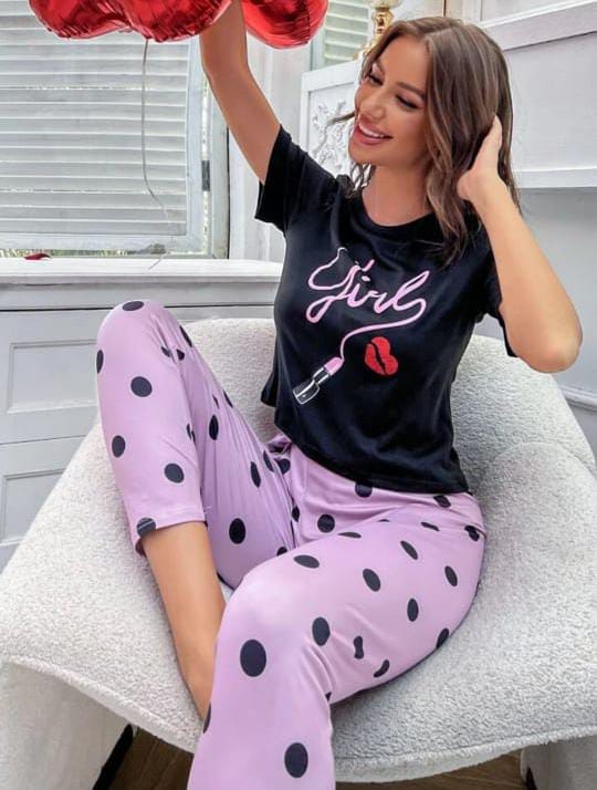Black Girl with polka pajama Printed Night wear (ZA-262)