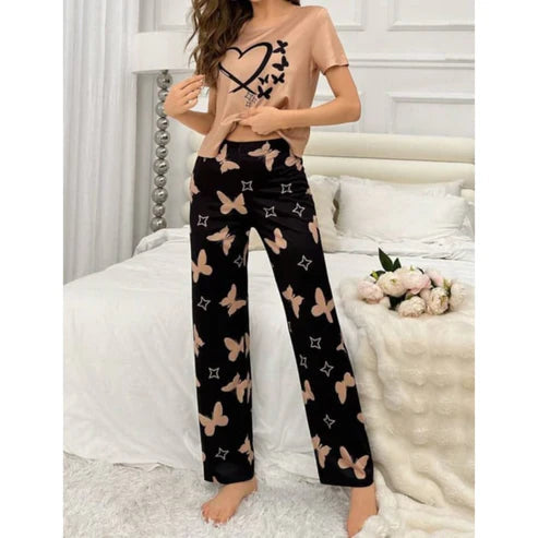 Brown With Black Butterflies Heart Printed T-shirt And Butterflies Printed Trouser Suit (ZA-482)