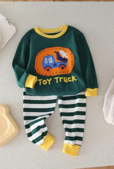 Dark Green Toy Truck Printed Kids Night Suit (ZA-252)