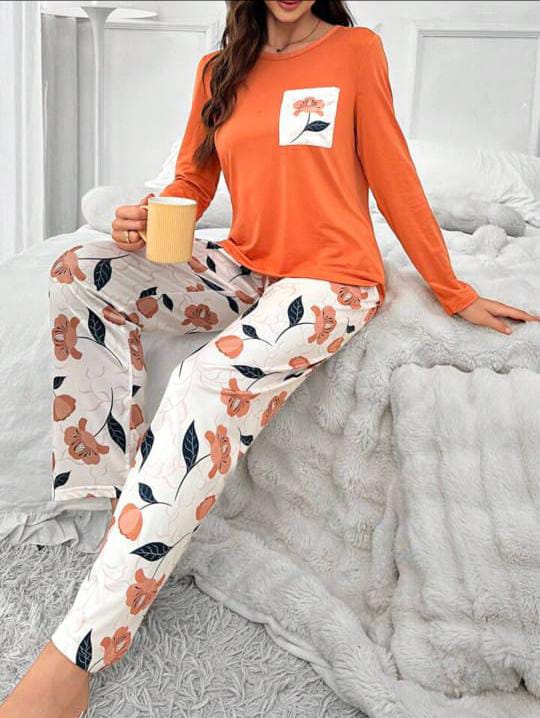 Orange Front pocket flower Printed Night wear (ZA-257)