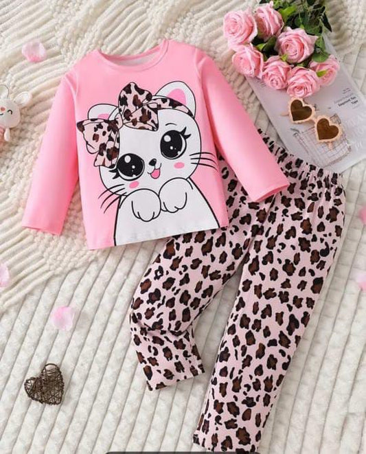 Pink Cute Kitty with cheetha pajama Printed Kids Night Suit (ZA-254)