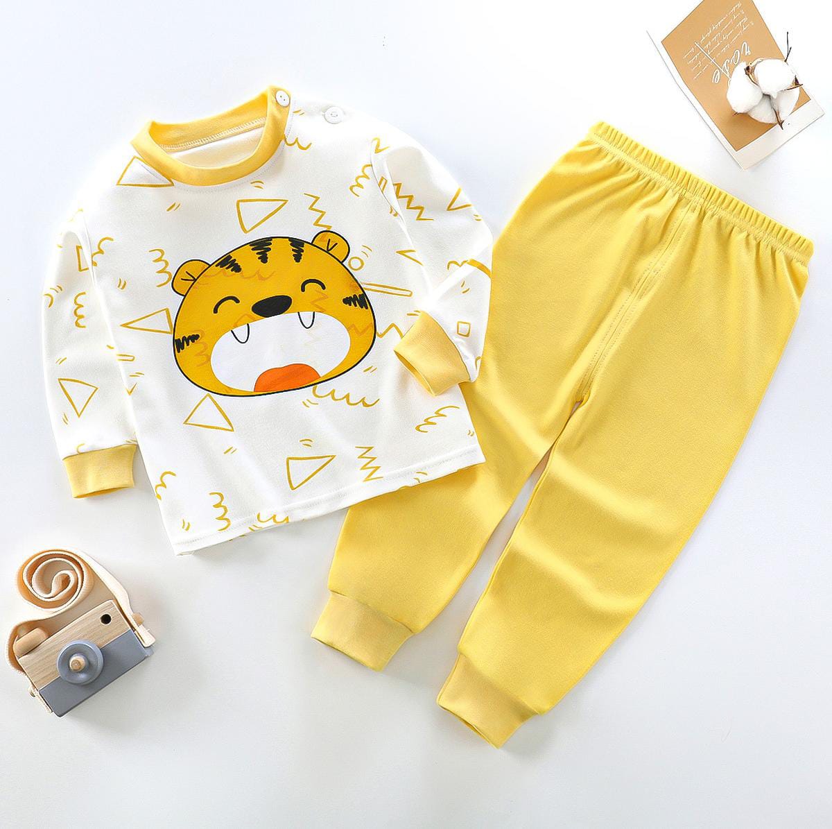 Off White Lion with yellow pajama Printed Kids Night Suit (ZA-243)