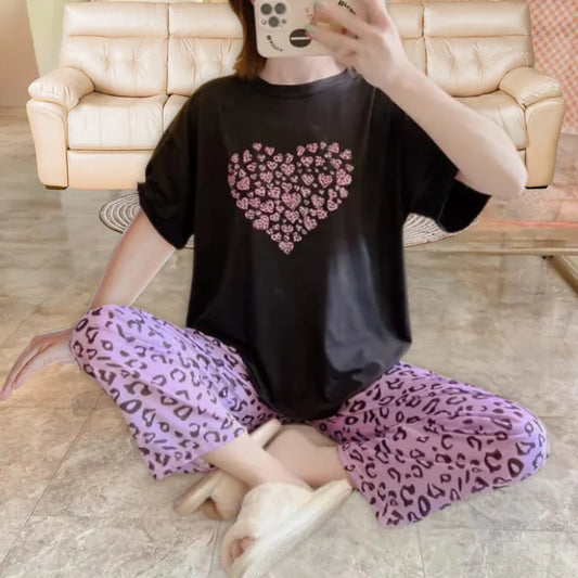 Black with Purple Heart Print Half Sleeves Shirt With Cheetah Print Trouser (ZA-438)