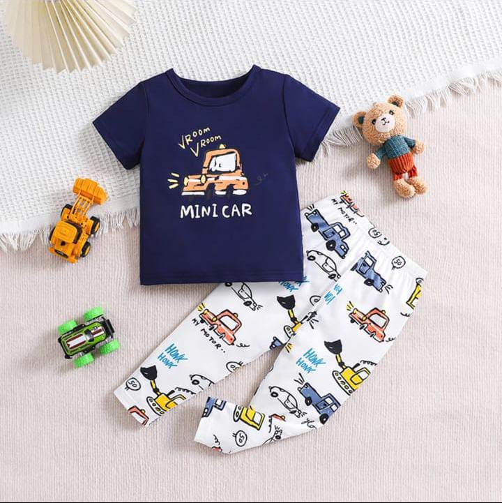 Navy Blue Mini Car with White pajama Printed Kids Night Suit (ZA-249)