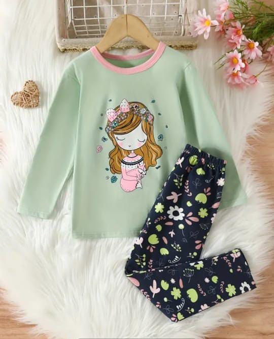 Green Sleepy Princess Printed Kids Night Suit (ZA-271)