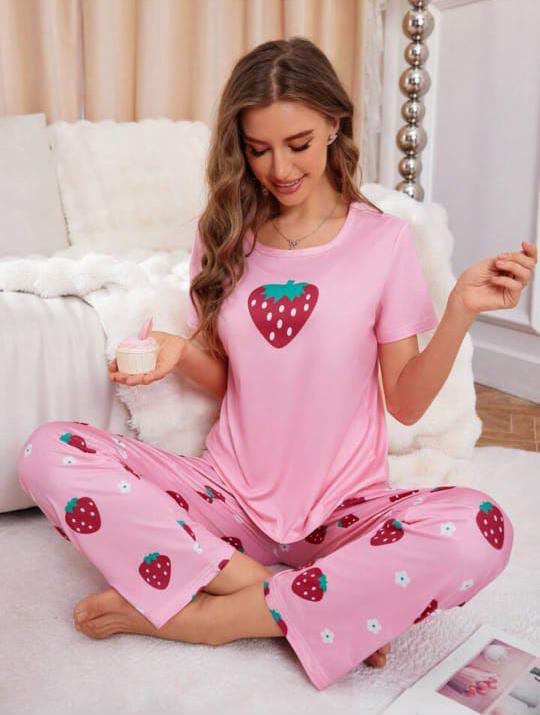 Pink Strawberry Printed Night wear (ZA-274)
