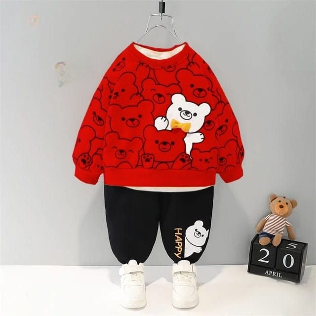 Red Bears Print Sweatshirt With cream Trouser For Kids(ZA-C-204)