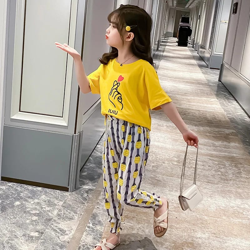 Baby Or Baba Yellow Hand Print Half Sleeves T-shirt With Pineapple Printed Pajama Night Suit for Kids (1 Pcs) (ZA-176)