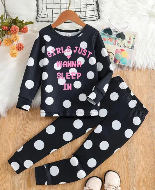 Black Polka Dot wanna sleep Printed Kids Night Suit(ZA-244)