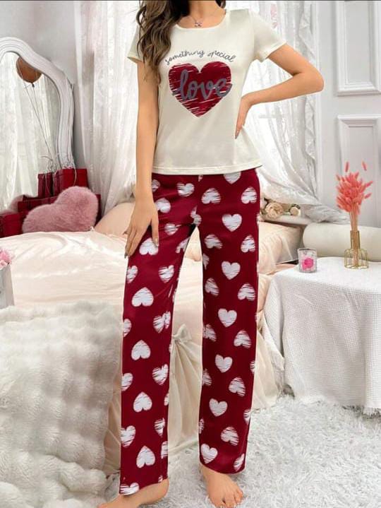 Off white Heart with Maroon Hearts pajama Printed Night wear (ZA-258)