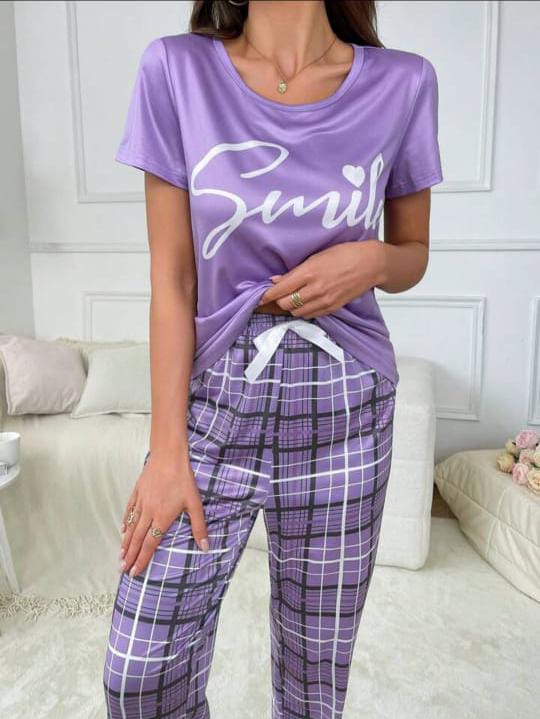 Purple smile print with check pajama Printed Night wear (ZA-264)