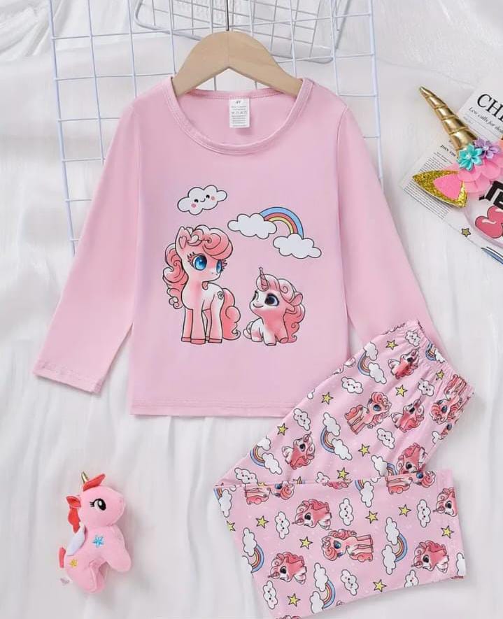 Pink Unicorn Rainbow Printed Kids Night Suit (ZA-245)