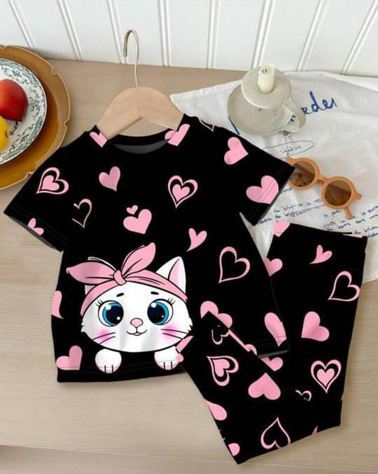 Black Kitty With Pink Hearts Print Kids Night Suit (ZA-241)