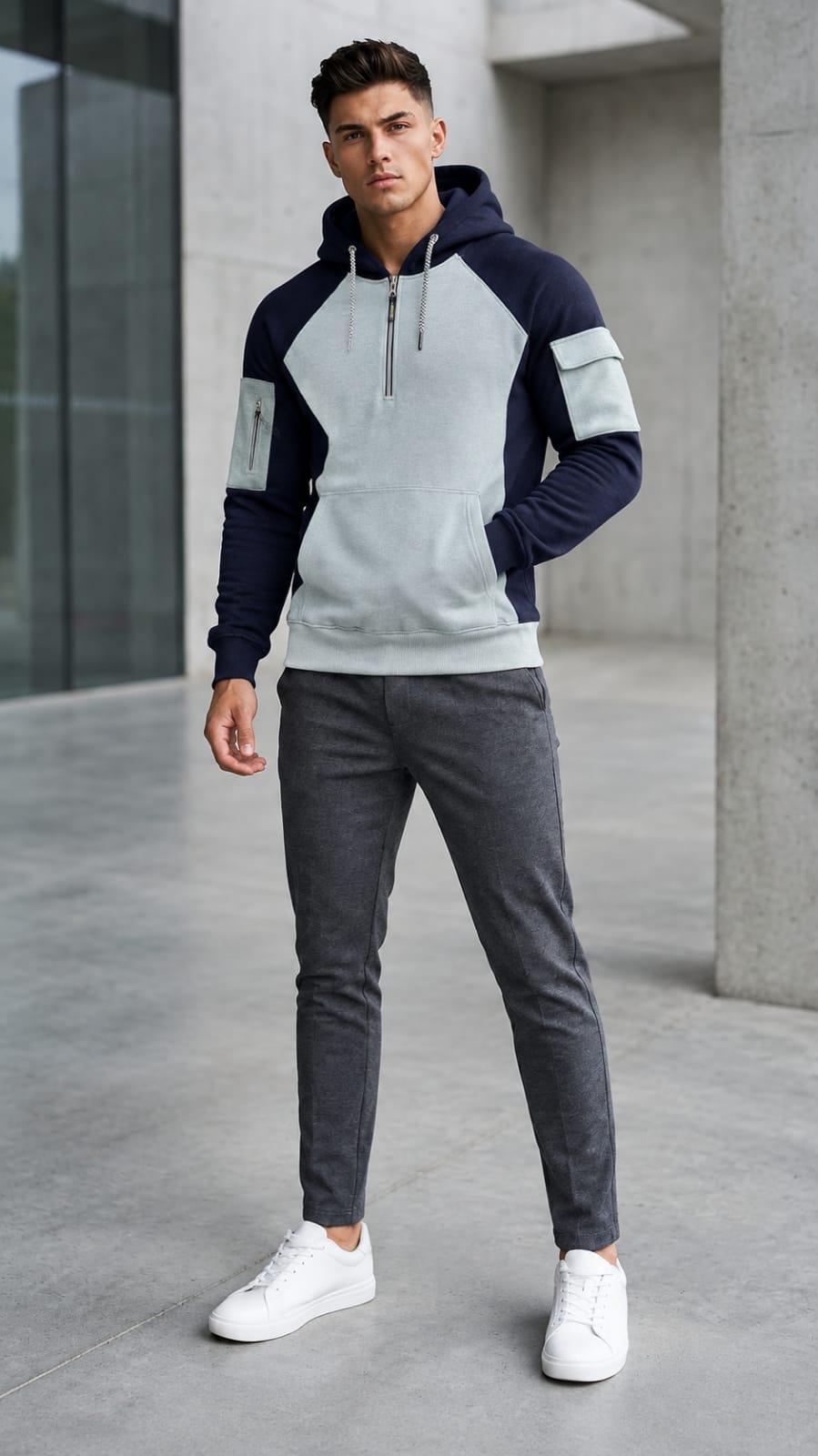 Sky blue with navy blue slvees Winter Panel Hoodie