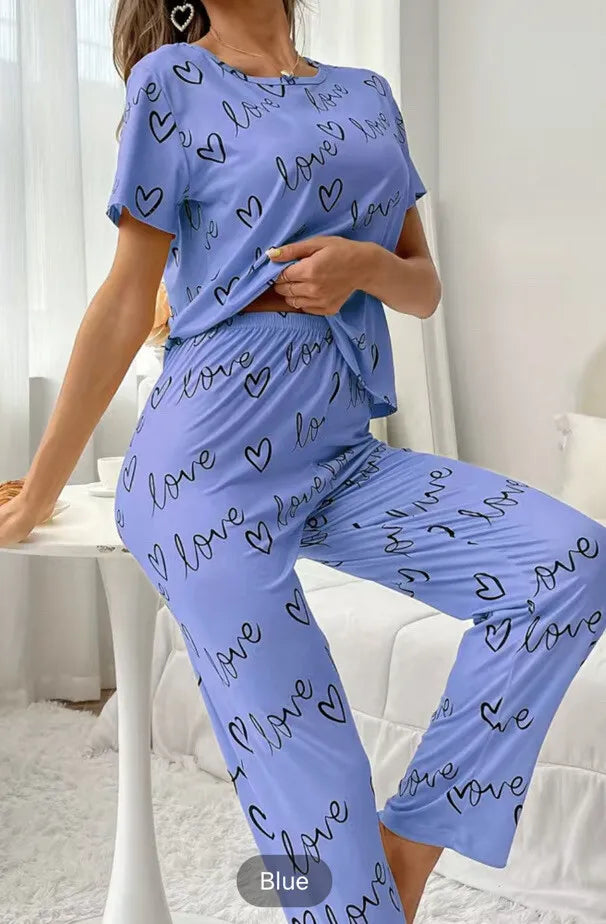 Sky Blue Love Heart Print Half Sleeves Shirt With Printed Trouser (ZX-150)