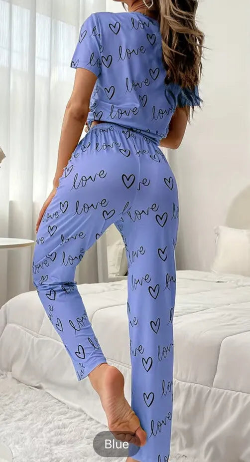 Sky Blue Love Heart Print Half Sleeves Shirt With Printed Trouser (ZX-150)