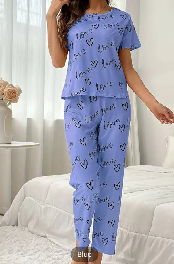 Sky Blue Love Heart Print Half Sleeves Shirt With Printed Trouser (ZX-150)
