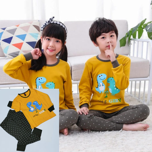 Baby or Baba Yellow Dinosaur with Dotted Pajama Print Full Sleeves Night Suit for Kids (1 Pcs) (ZA-125)