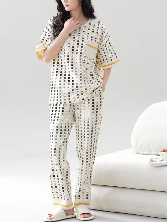 Short-Sleeved Shirt And Plaid Trousers with black dots