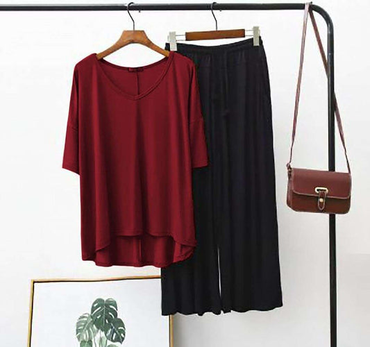 Maroon V Neck T shirt with Black Palazzo Pajama Night Suit for Her (ZA-86)