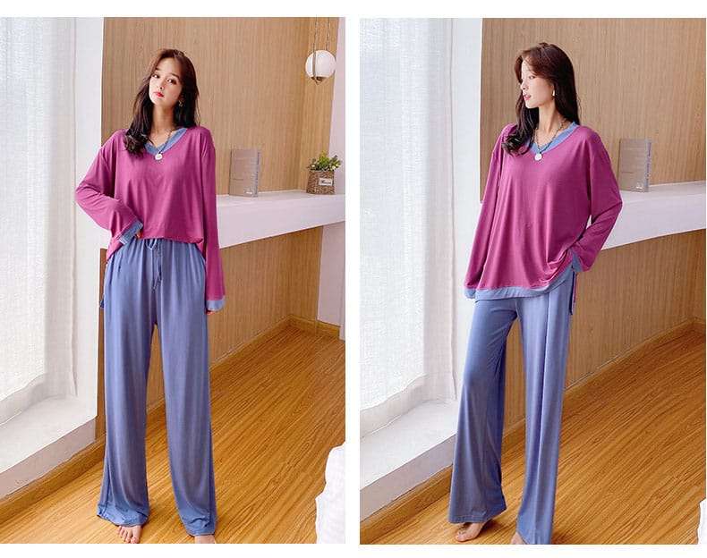 Shocking Pink with Blue V Neck with Blue Contrast Palazzo Pajama Full Sleeves Night Suit for Her (ZA-73)