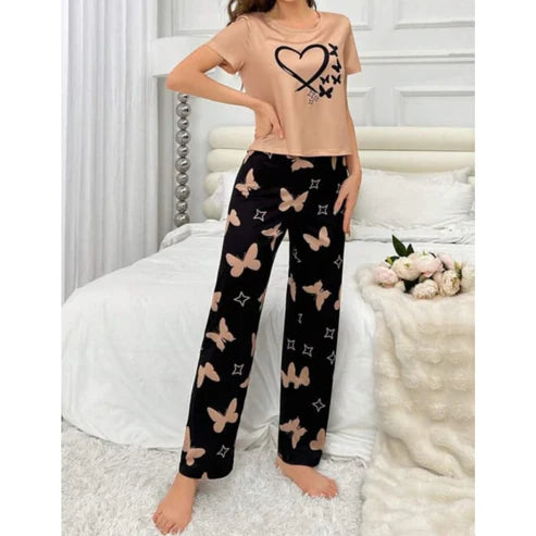 Brown With Black Butterflies Heart Printed T-shirt And Butterflies Printed Trouser Suit (KO-NS-482)