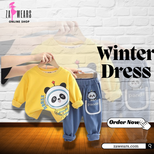 Yellow Panda face printed full-sleeves sweatshirt and trouser in kids winter collection (ZA-M-09)