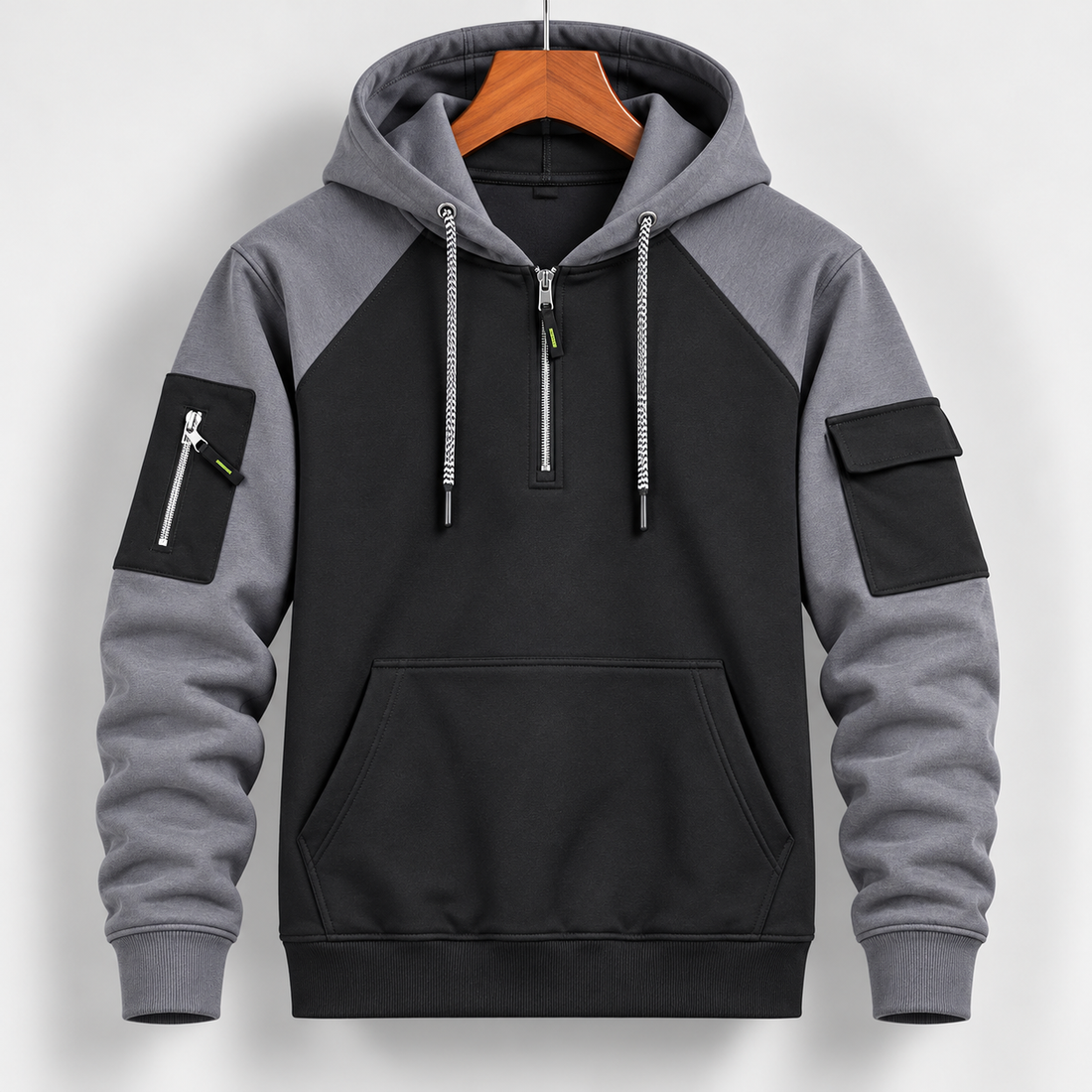 Black with grey slvees Winter Panel Hoodie