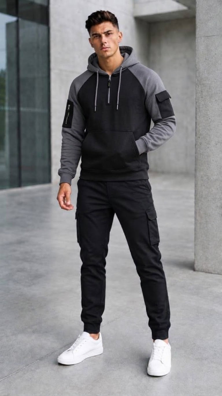Black with grey slvees Winter Panel Hoodie