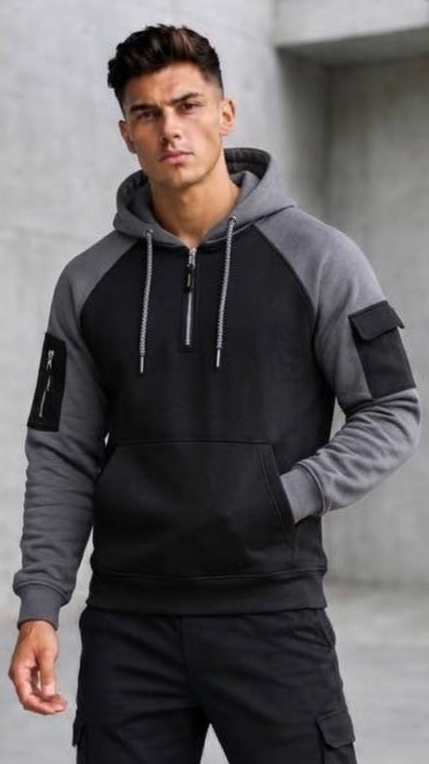 Black with grey slvees Winter Panel Hoodie