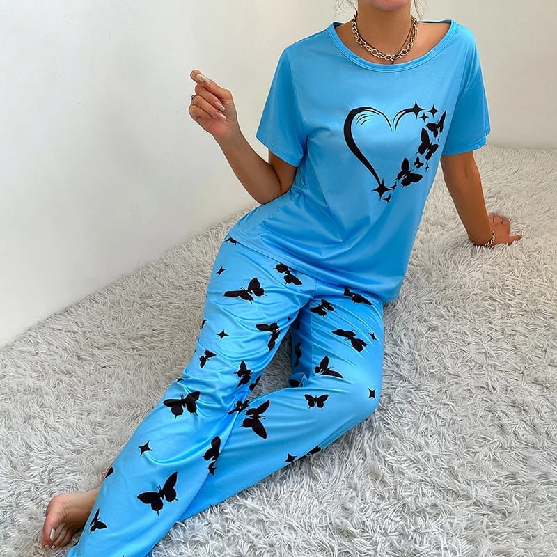 Blue With Butterflies Heart Printed T-shirt And Butterflies Printed Trouser Suit (ZA-152)