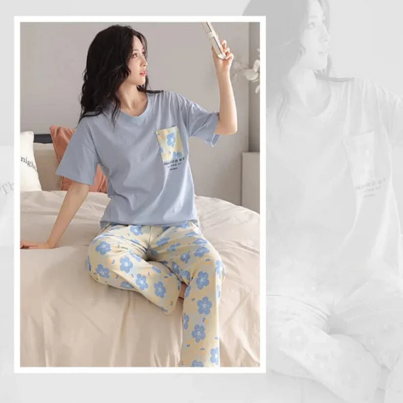 Blue Flower Pocket Print Half Sleeves T-shirt With Flowers Print Pajama Suit (RX-220)