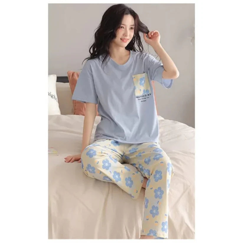 Blue Flower Pocket Print Half Sleeves T-shirt With Flowers Print Pajama Suit (RX-220)