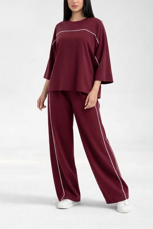 Maroon with White Lining Quater Sleeves Shirt with Plain Plazo Loungewear For Her