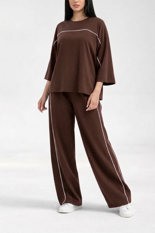 Brown with White Lining Quater Sleeves Shirt with Plain Plazo Loungewear For Her
