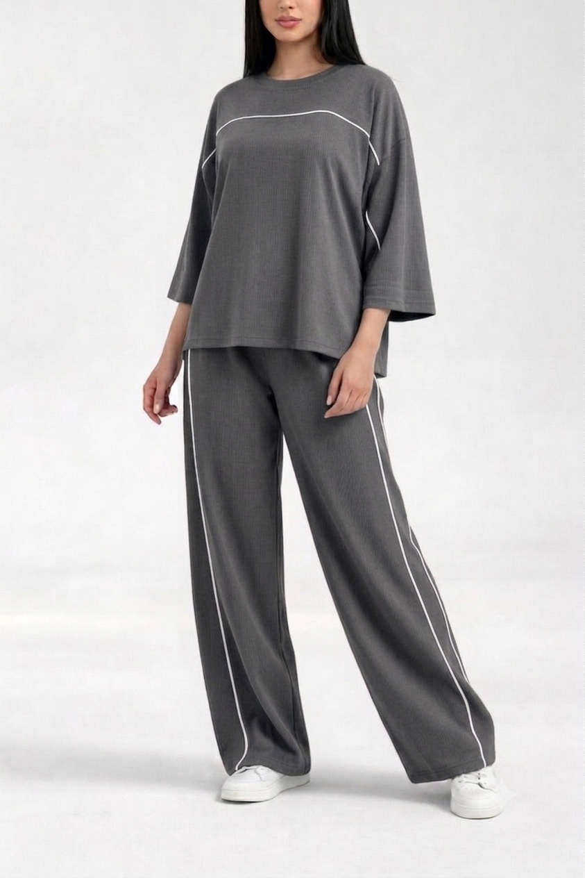 Dark grey with White Lining Quater Sleeves Shirt with Plain Plazo Loungewear For Her