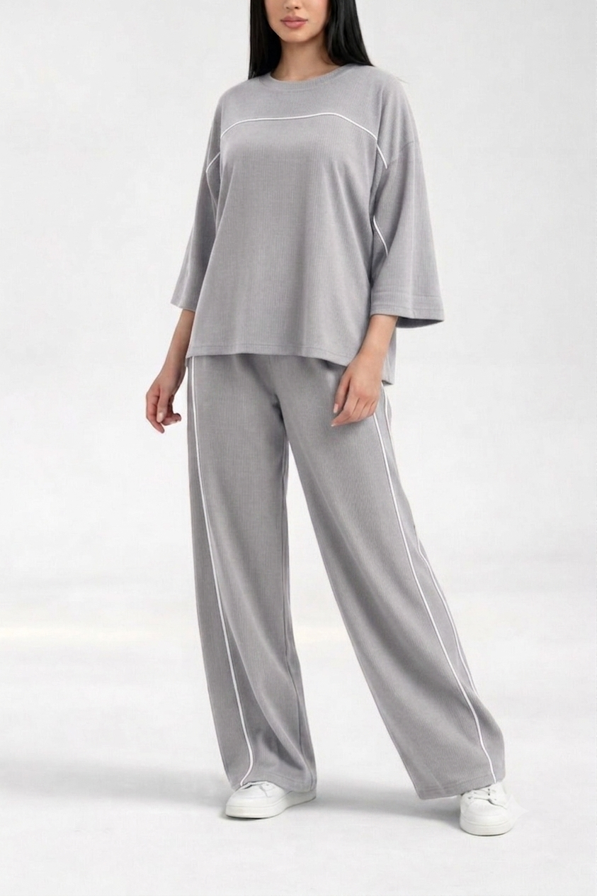 hezel grey with White Lining Quater Sleeves Shirt with Plain Plazo Loungewear For Her