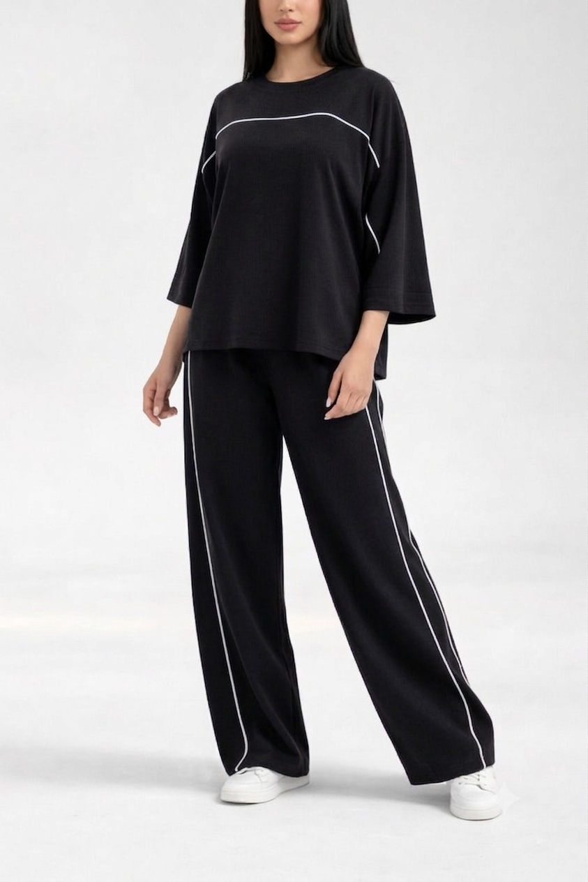 Black with White Lining Quater Sleeves Shirt with Plain Plazo Loungewear For Her