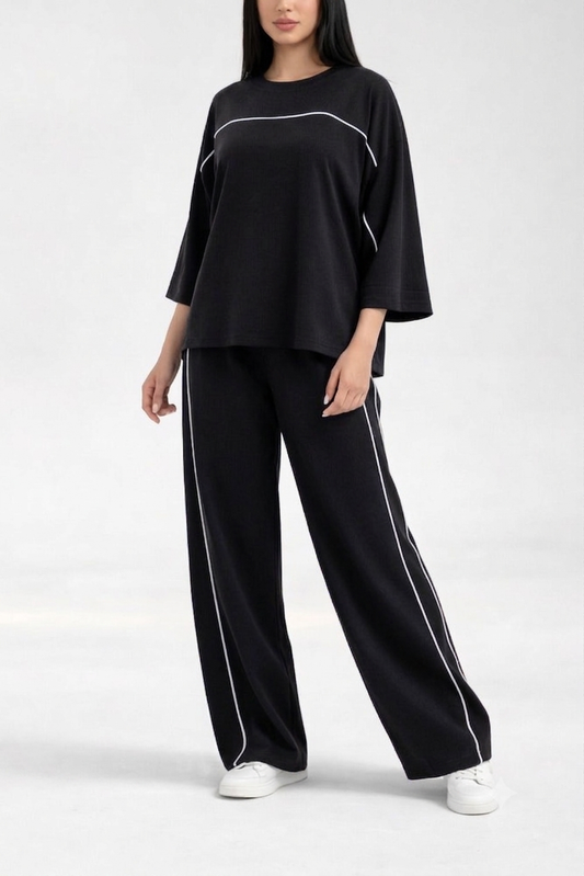 Black with White Lining Quater Sleeves Shirt with Plain Plazo Loungewear For Her