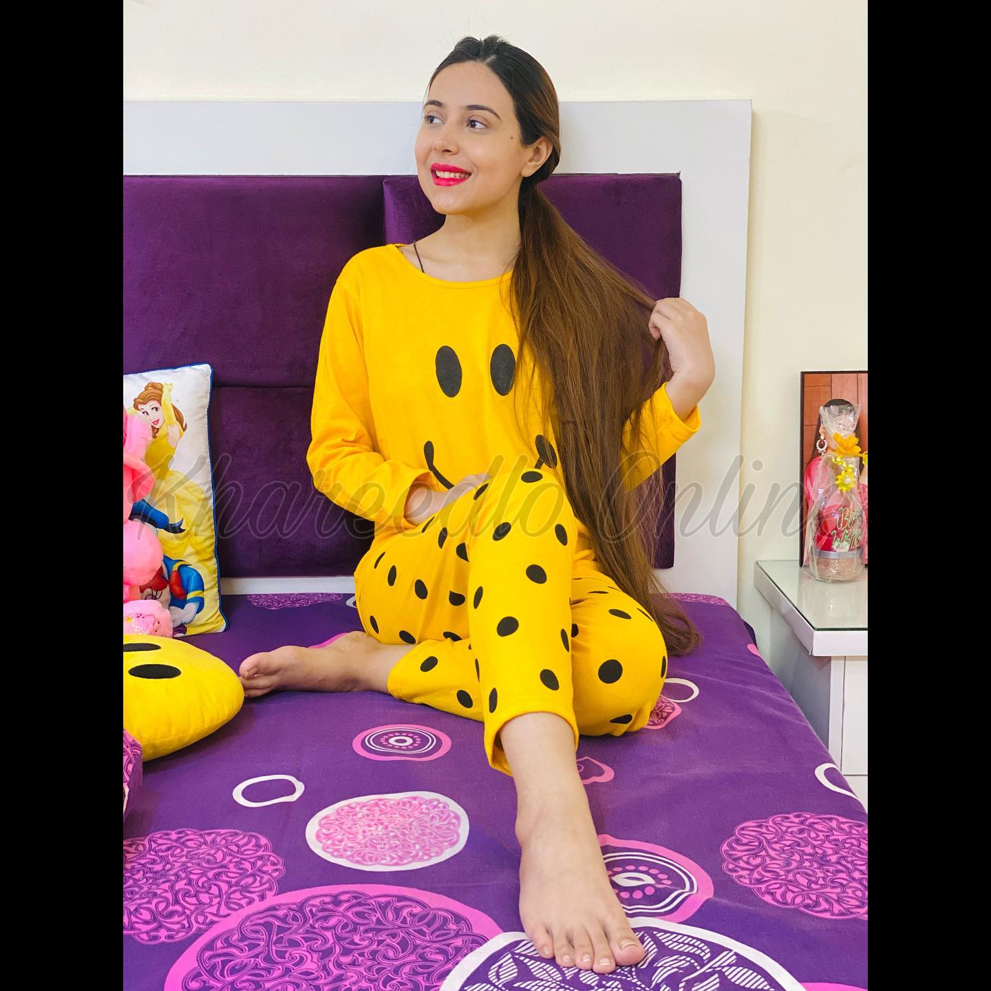 Yellow Smile With Polka Dots Trousers Full Sleeves Night Suit (KO-NS-0012)