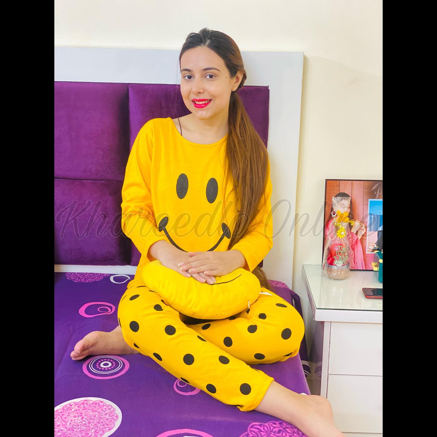 Yellow Smile With Polka Dots Trousers Full Sleeves Night Suit (KO-NS-0012)