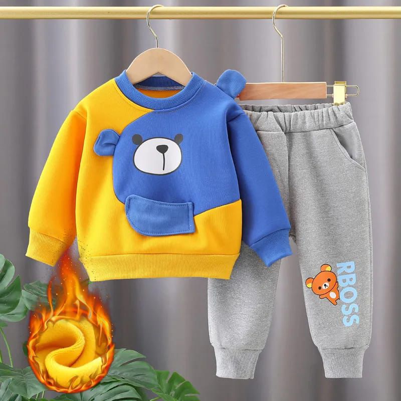 Yellow With Blue Bear Print Sweatshirt With Grey Trouser For Kids (ZA-523)