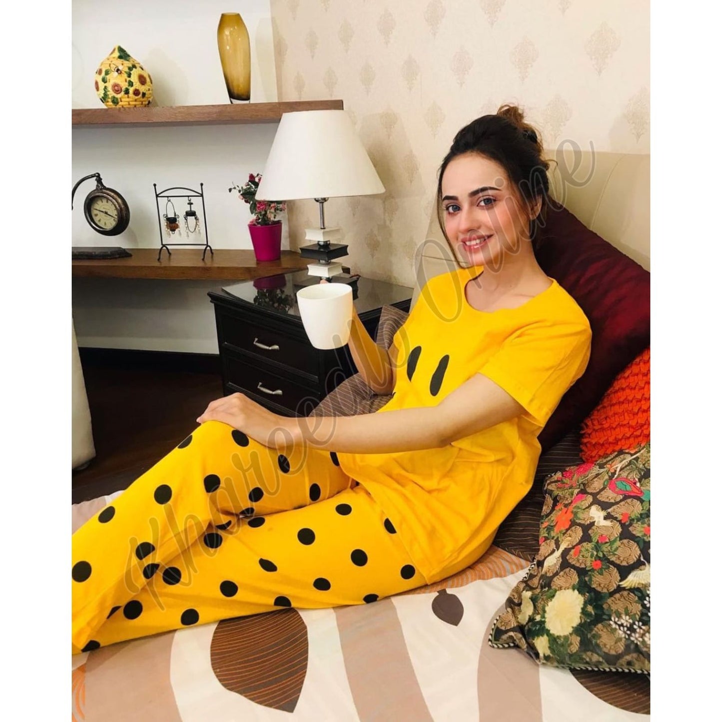 Yellow Smile With Polka Dots Trouser Half Sleeves Night Suit (KO-NS-0037)