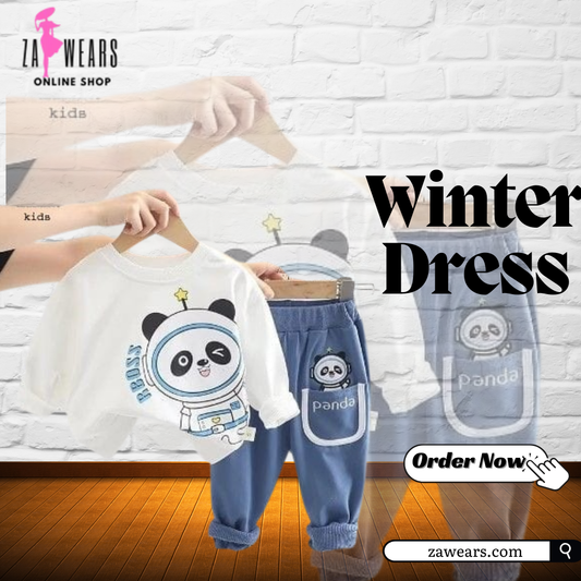 white Panda face printed full-sleeves sweatshirt and trouser in kids winter collection (ZA-M-10)