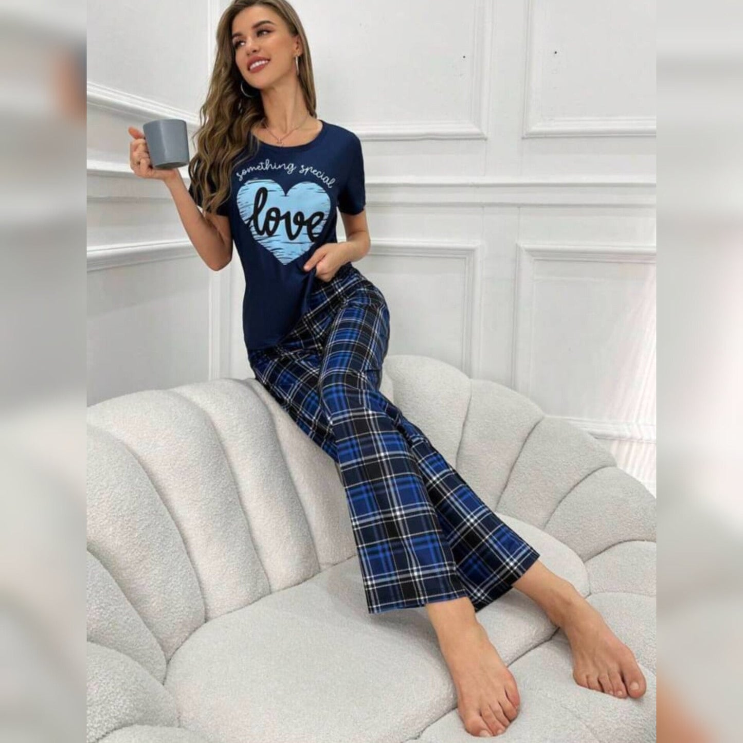 Black With Blue Love Heart Print Half Sleeves T-shirt With Check Printed Trouser Suit (ZA-192)