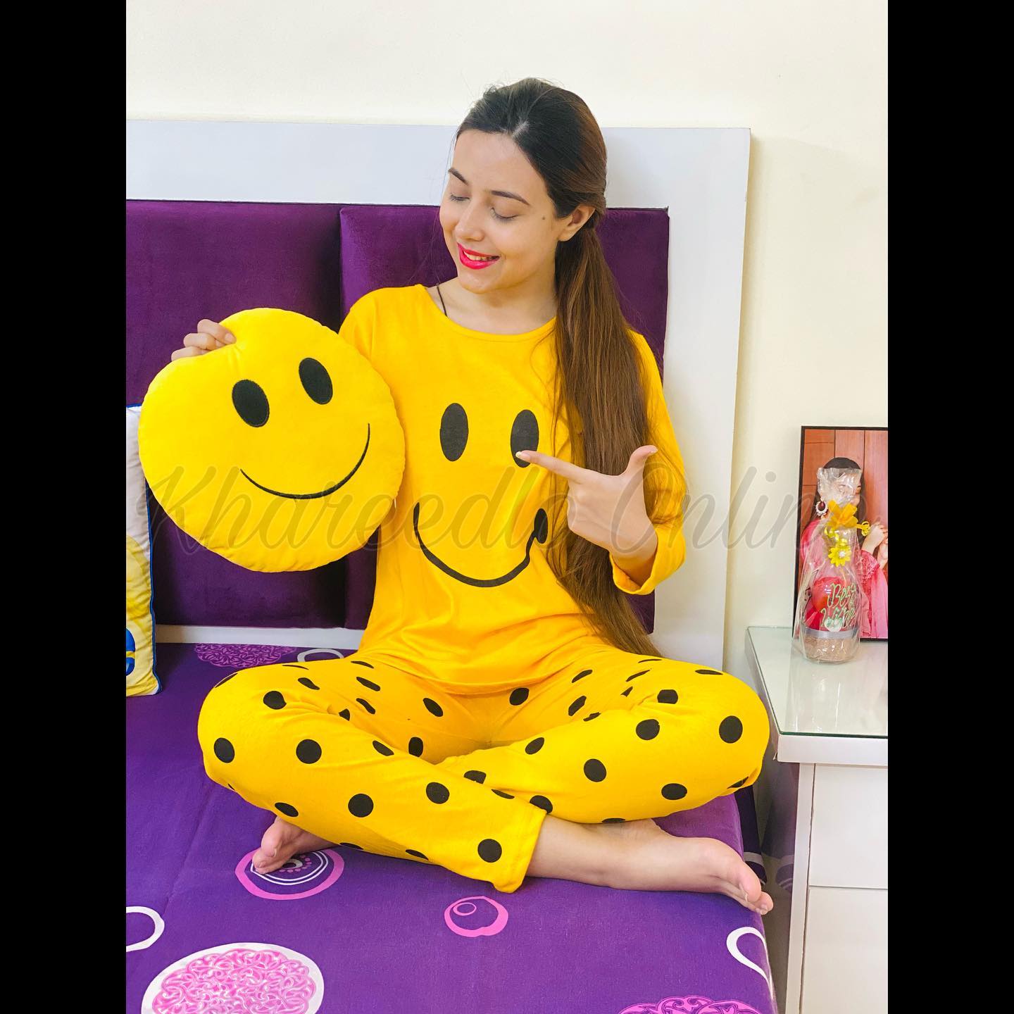 Yellow Smile With Polka Dots Trousers Full Sleeves Night Suit (KO-NS-0012)