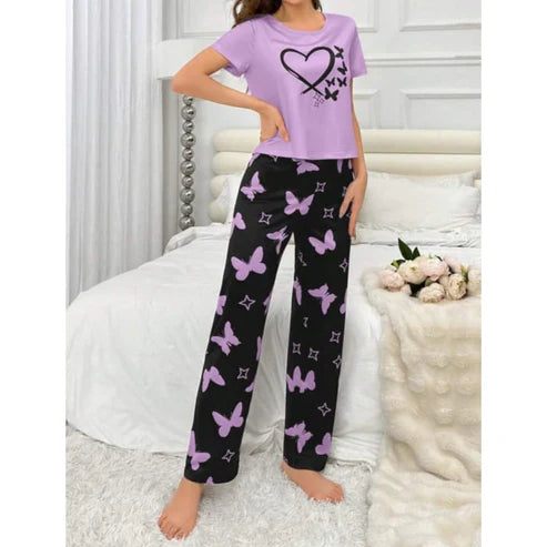 Lilac With Black Butterflies Heart Printed T-shirt And Butterflies Printed Trouser Suit (KO-NS-481)